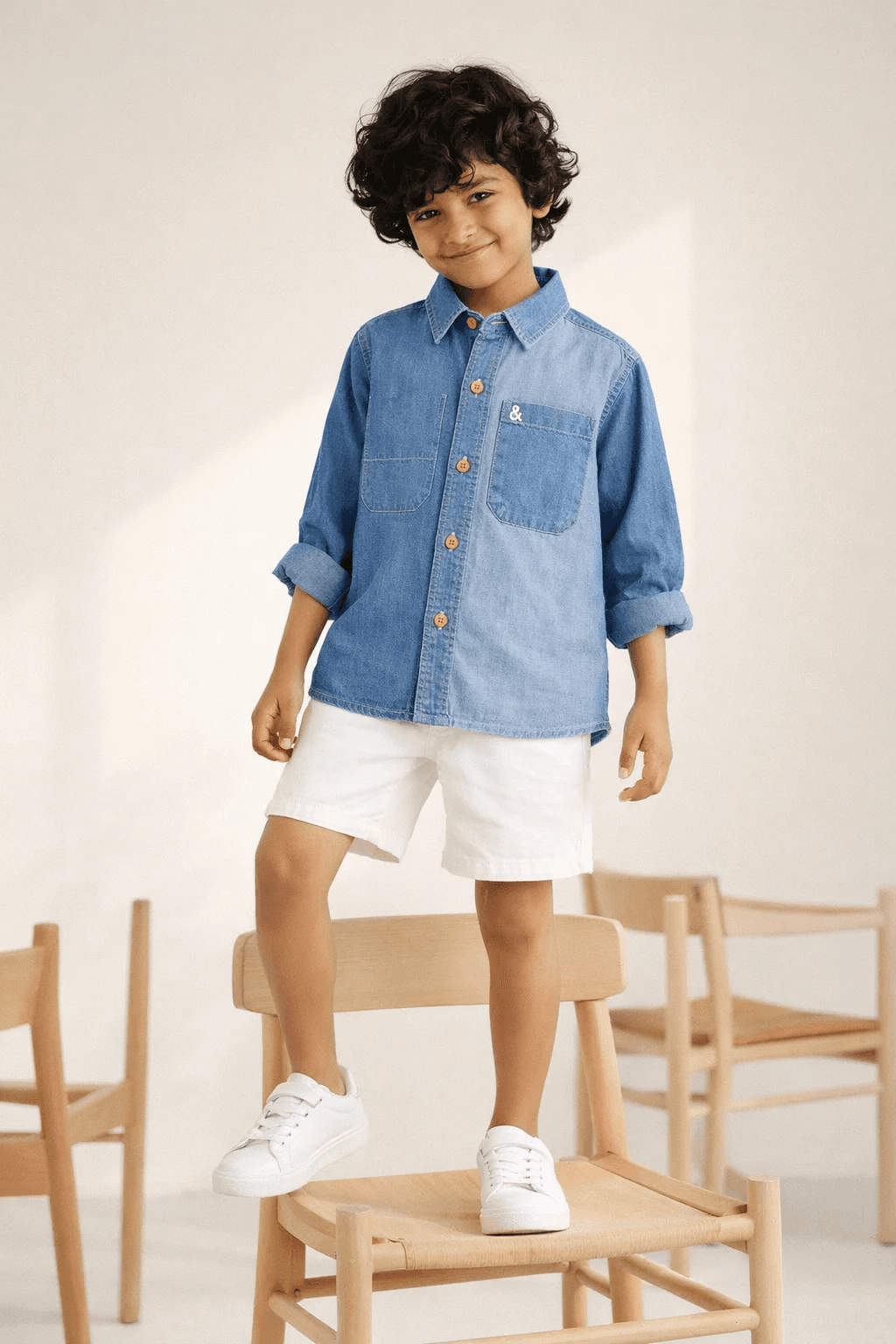 Tales & Stories Light Sky Blue Denim Solid Shirt for Boys - Casual Full Sleeves Polo Neck