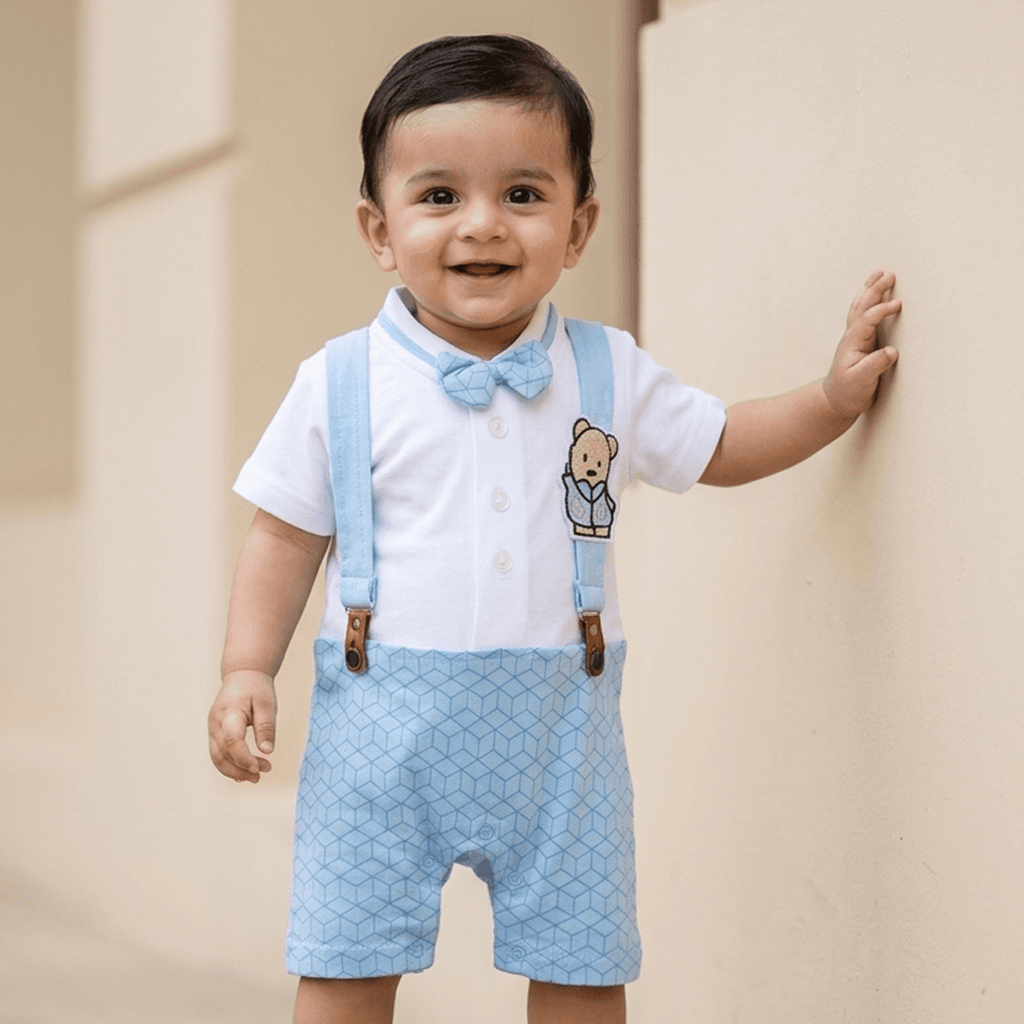 Jo And Bo Boys' Light Blue Cotton Round Neck With Snap Buttons Romper for All Seasons