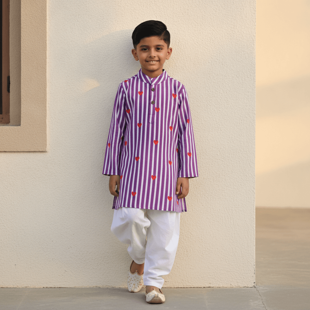 Tiny Threads Boys Purple Cotton Kurta & Patiala Set | Full Sleeves | Mandarin Collar | Front Button Closure | Full-Length Patiala | Elasticated Waist | Regular Fit | All-Season Partywear
