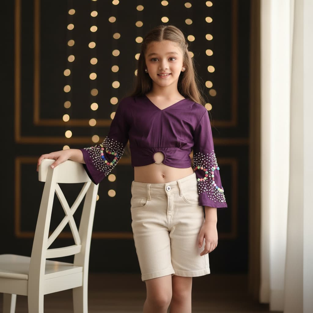 Neofaa Purple Cotton Blend 3/4th Sleeve V Neck Party Top for Girls