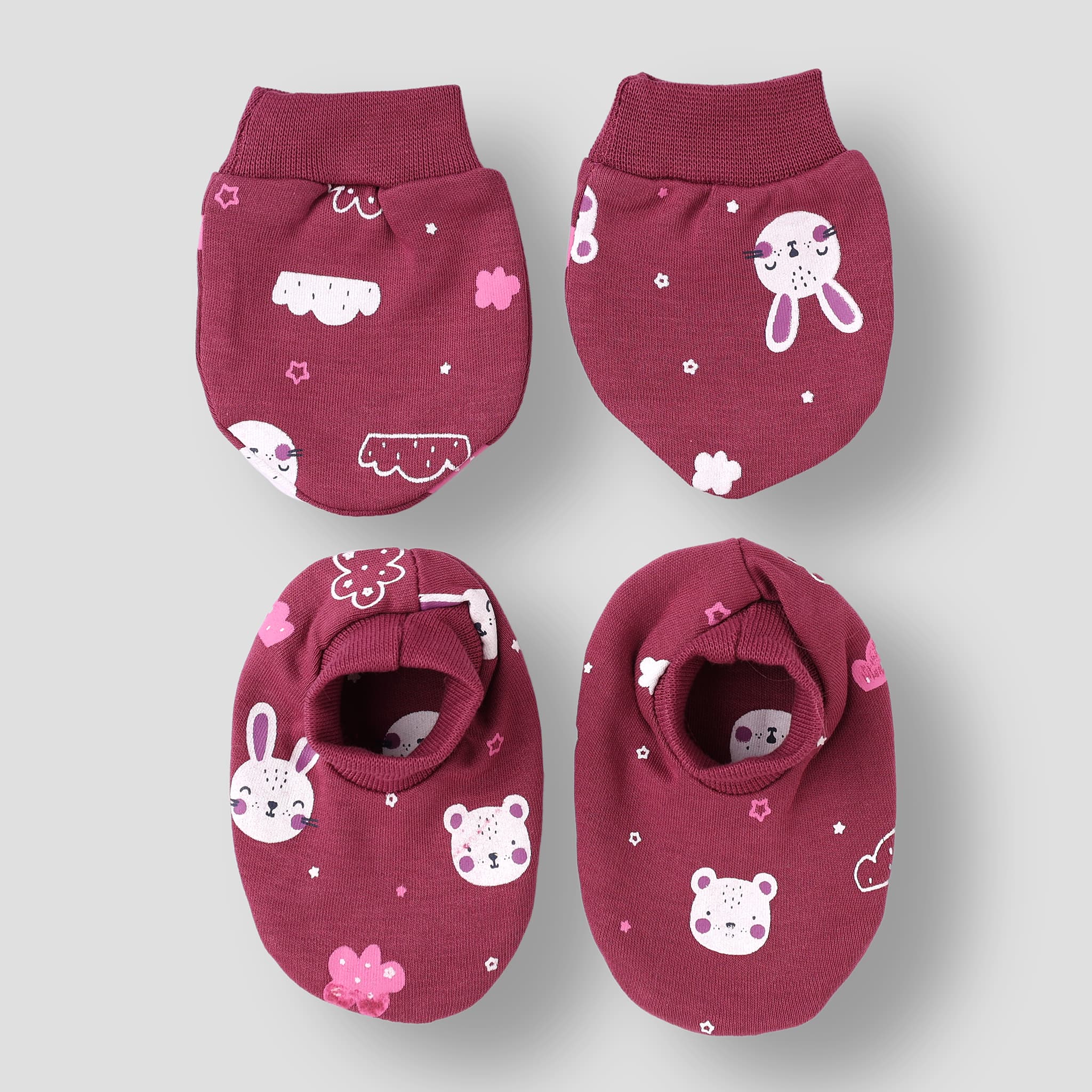 Simply Unisex Purple Printed Booties & Mittens Set – Casual & Outdoor Baby Essentials