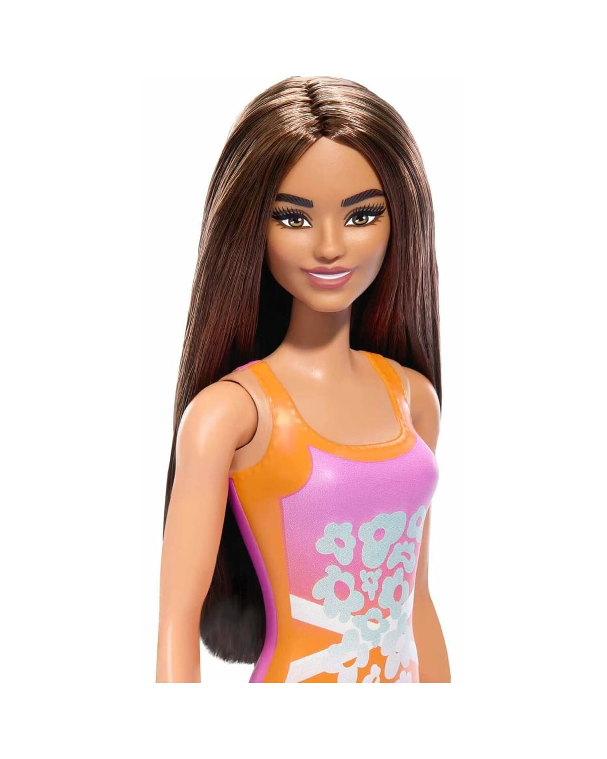 Barbie Beach Doll – Brown Hair, Orange Purple One Piece Swimsuit