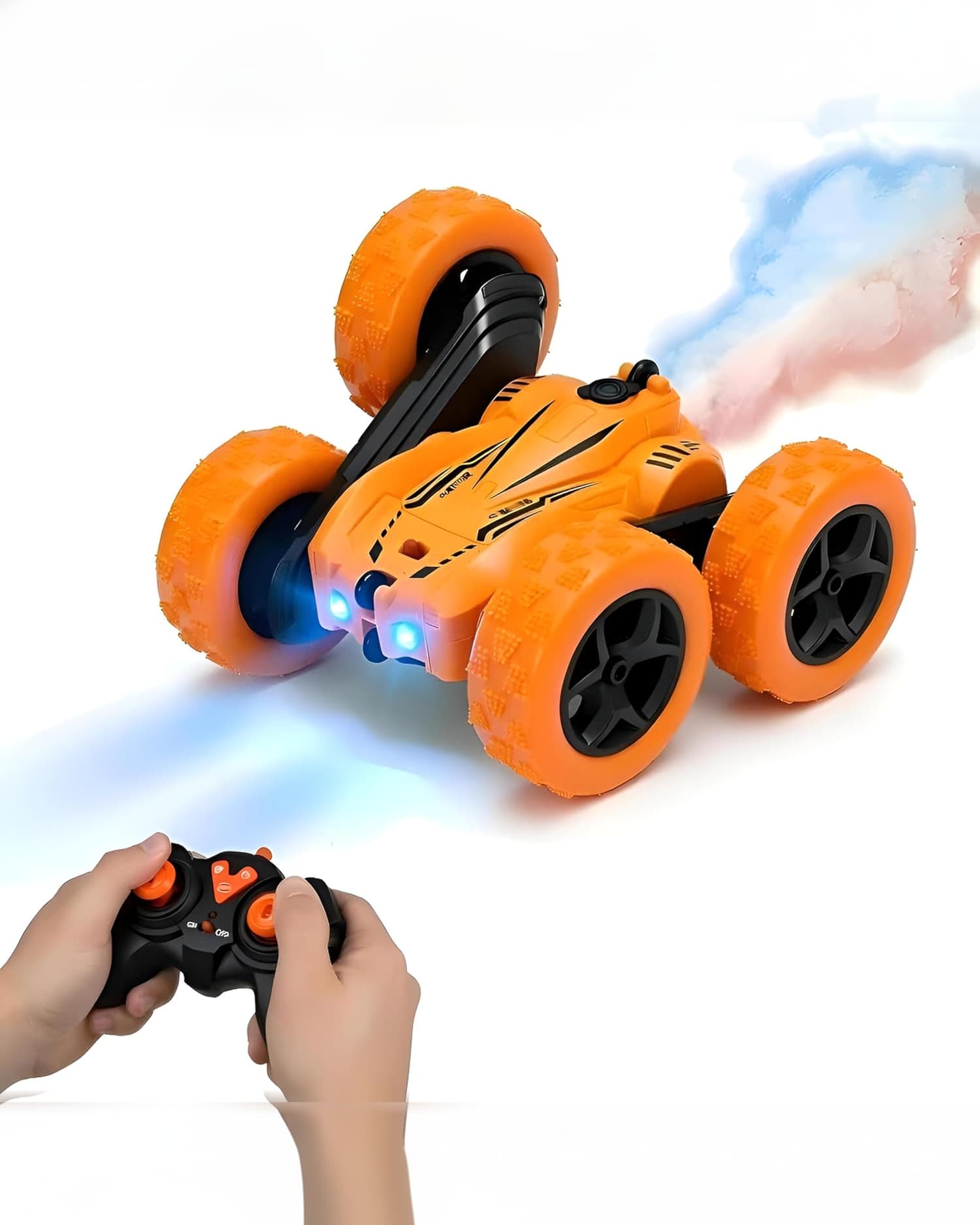 RC Stunt Car Orange with Double-Sided Drive 2.4G, 360° Flips, Spray Mist Effect & LED Lights for Kids Fun