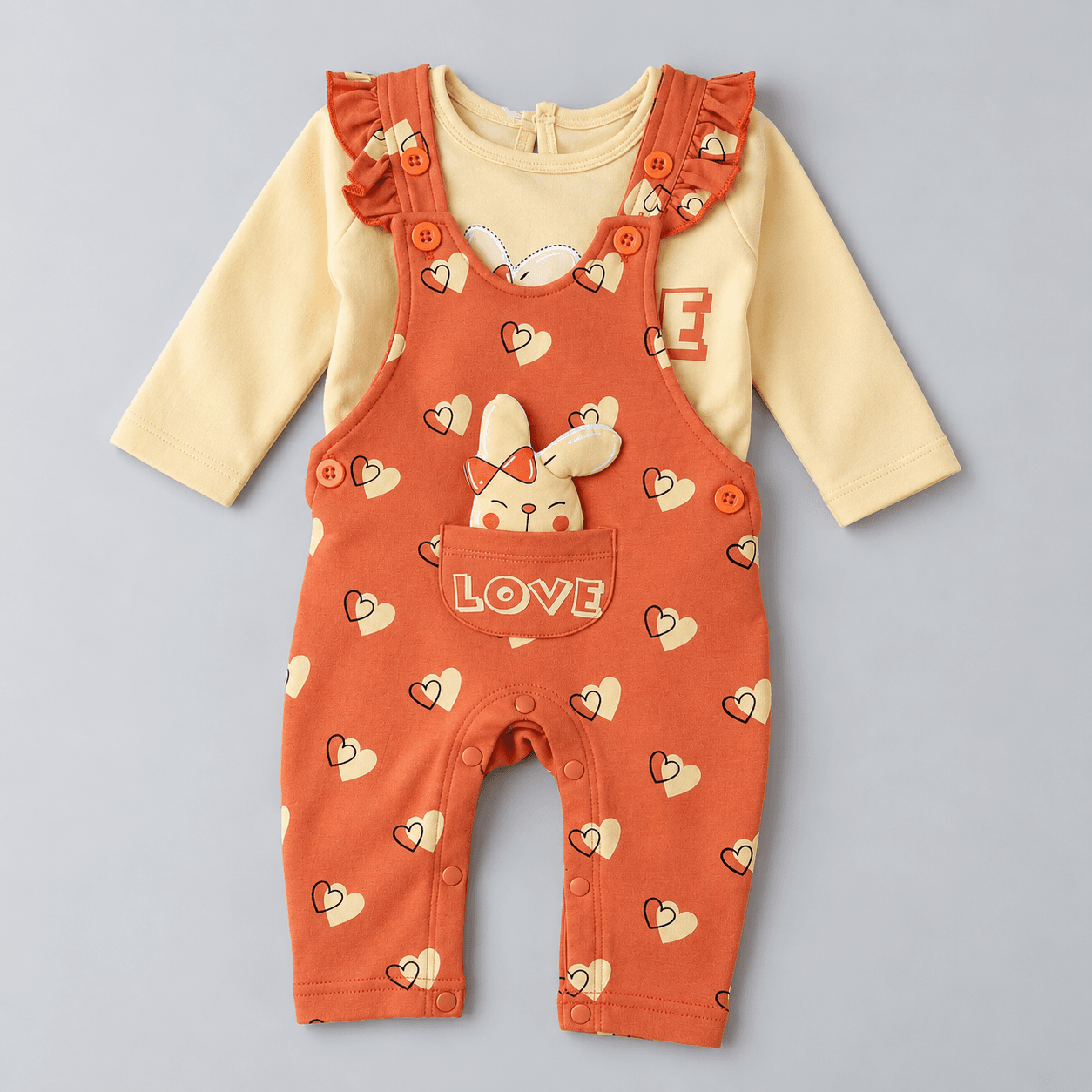 Knok Knok Girls' Orange Cotton Dungaree Set with Full Sleeves and LOVE Print for Casual All Season Wear