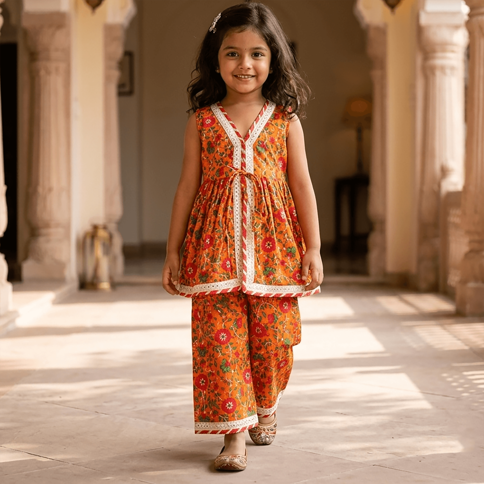 Cuddly Cubs Girls Orange Cotton Kurti & Palazzo Set | Sleeveless Round Neck | Slip-On Closure | Full Length Mid Rise Ethnic wear