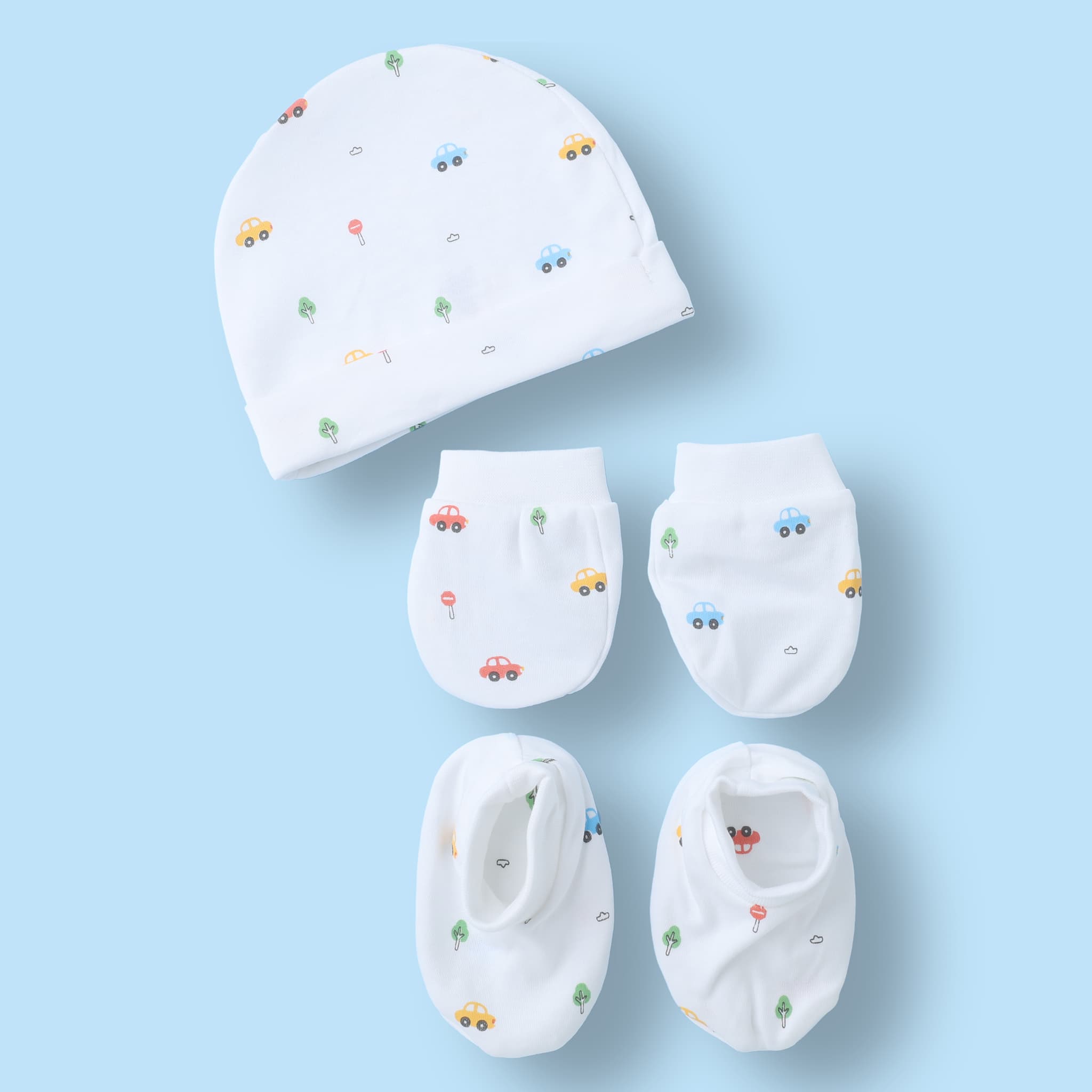 Simply Unisex White Orange Printed Booties, Mittens & Hat Set – Casual & Outdoor Baby Essentials