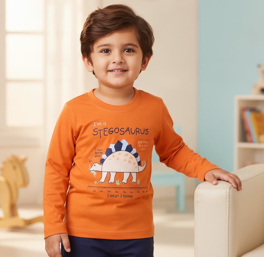 Tango Boys Casual Orange Full Sleeve T-Shirt with Round Neck and Fun Stegosaurus Print