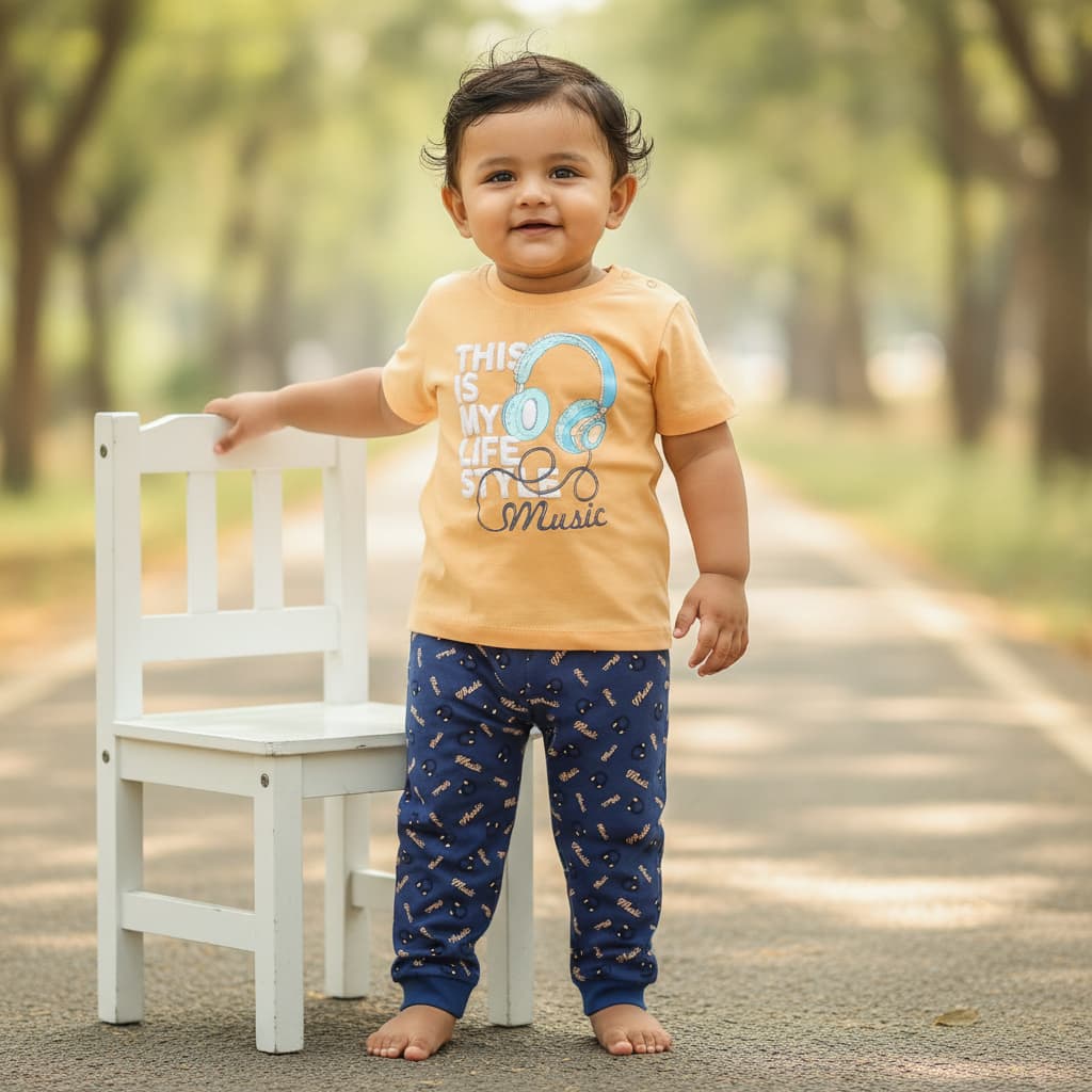 Bumzee Boys Orange Graphic Cotton T-Shirt & Track Pants Set