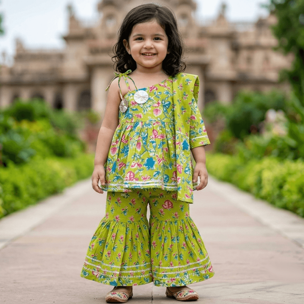 Cuddly Cubs Green Kurti & Sharara Set for Girls - One Shoulder Tie Up, All Season Formal/Partywear