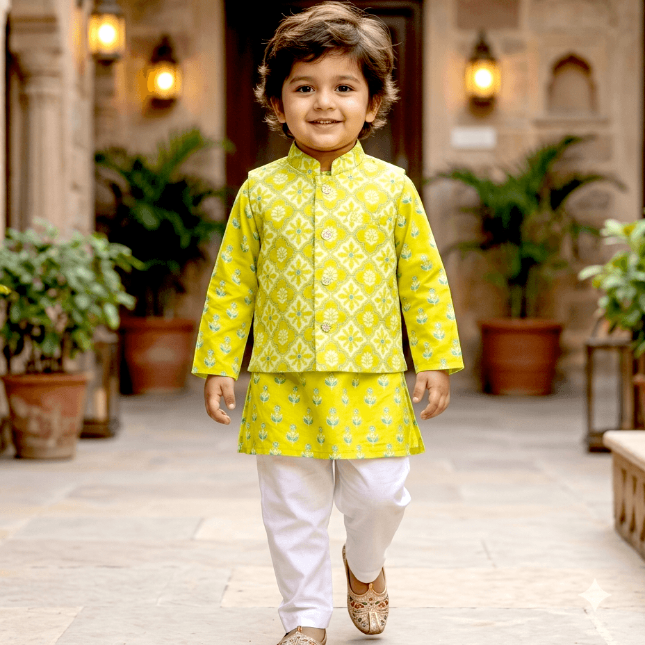 Novelle Heritage Green Cotton Kurta Pyjama & Jacket Set for Boys - Full Sleeves, Mandarin Collar, Formal/Partywear, All Season
