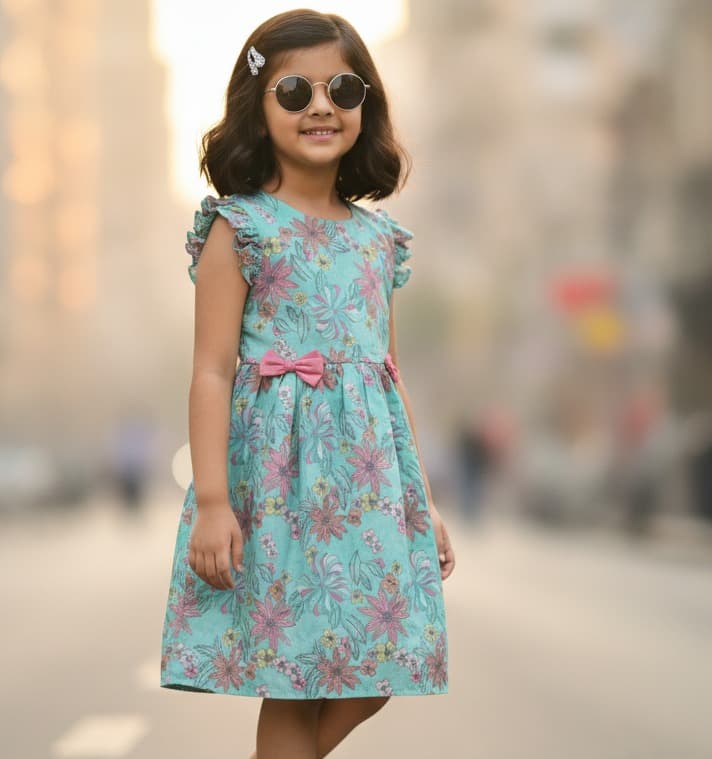Mini Miao Green Cotton One Piece Dress for Girls with Short Sleeves and Back Zipper - Casual Summer Wear