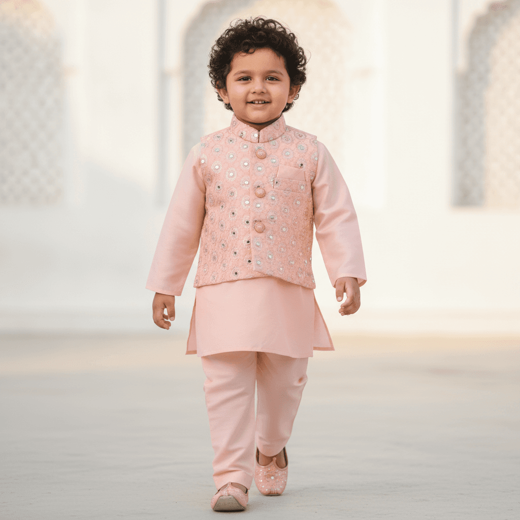 Hathom Peach Cotton Kurta Pyjama & Jacket Set for Boys - Full Sleeves, Mandarin Collar, Formal/Partywear, All Season