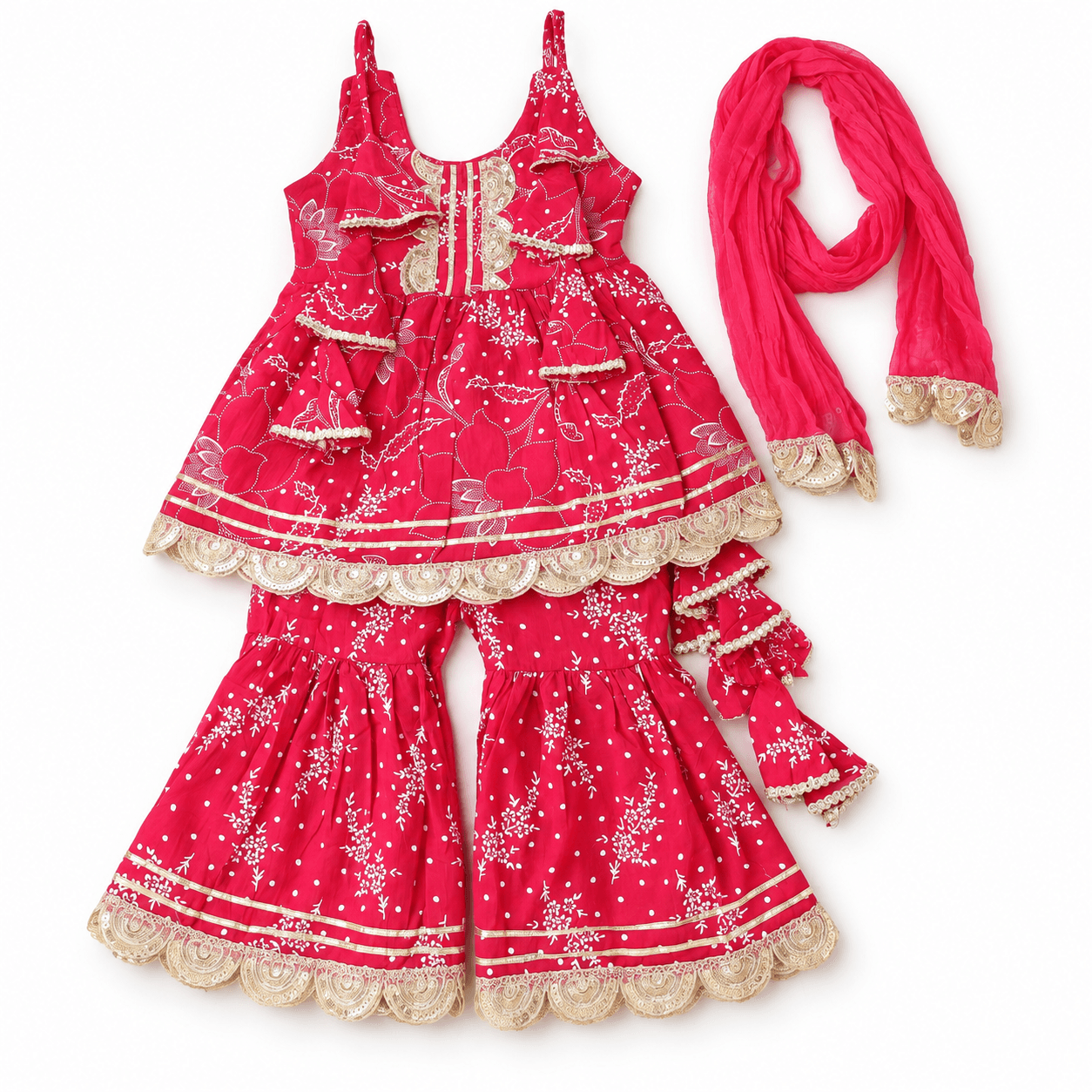 Cuddly Cubs Dark Pink Kurti & Sharara Set for Girls - Formal/Partywear, All Season, Singlet Sleeve, Slip-on Closure