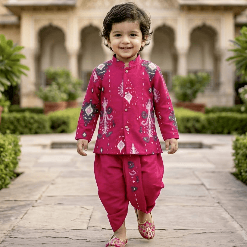 Kookies Dark Pink Dhoti Kurta Set for Boys - Formal/Partywear, All Season, Cotton, Full Sleeves, Mandarin Collar