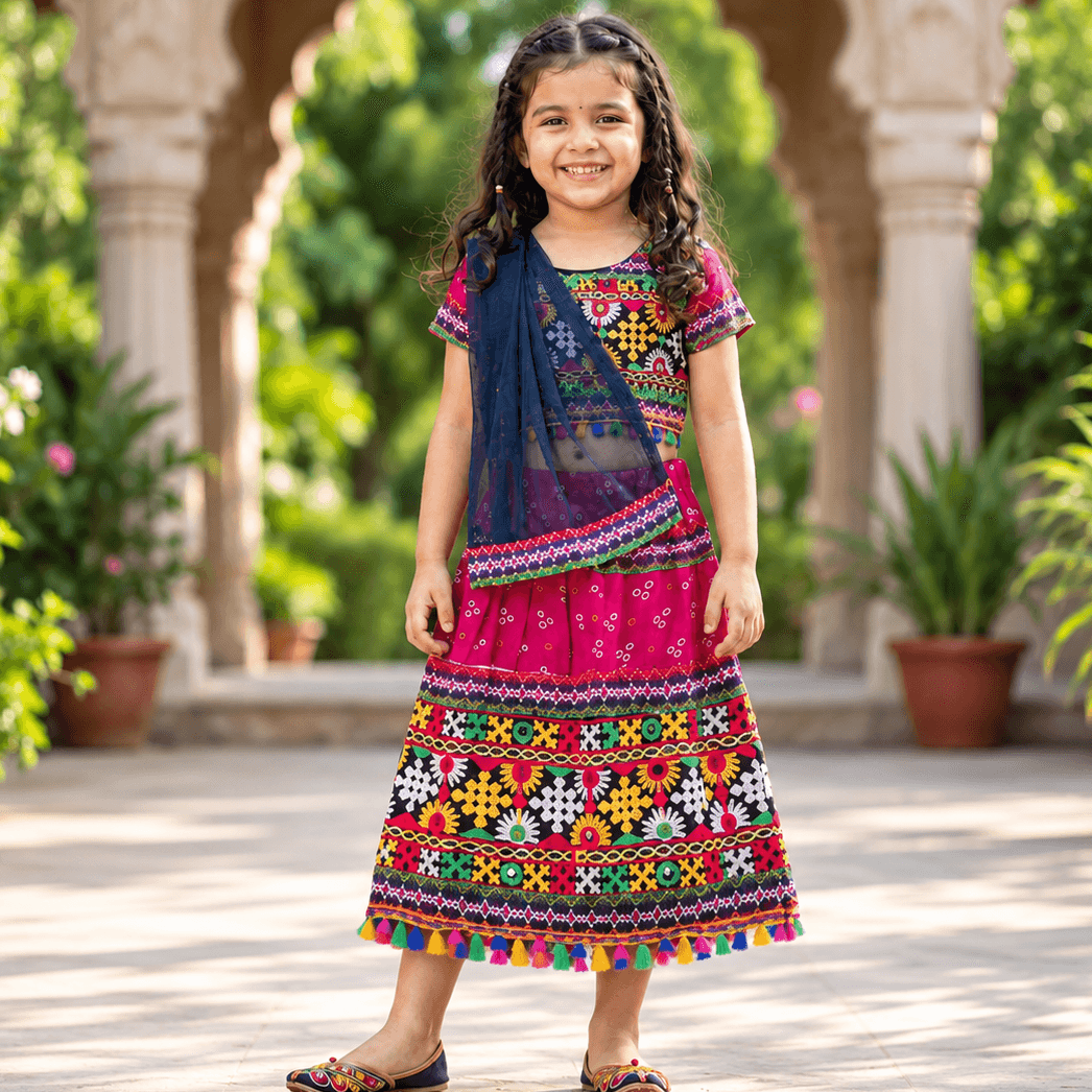 M'Andy Girls Dark Pink Cotton Blend Lehenga Choli Set – Short Sleeve Partywear