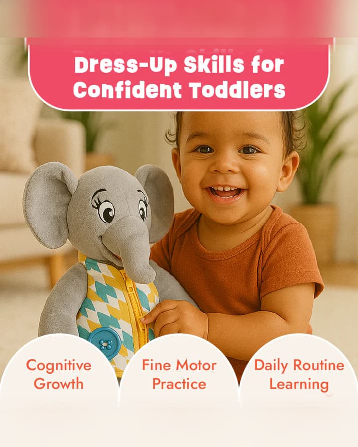 Dressing Skill Teacher Soft Toy for Toddlers | Interactive Learning Plush to Practice Zips, Buttons & Ties