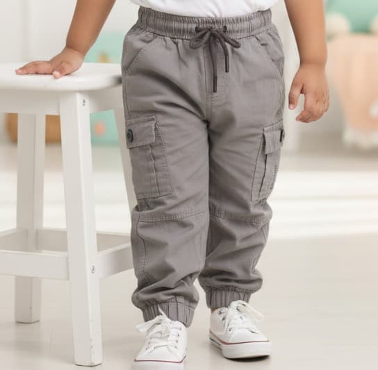 Olio Kids Boys Grey Full Length Cotton Cargo Pants with Drawstring Closure for All Season Casual and Outdoor Wear