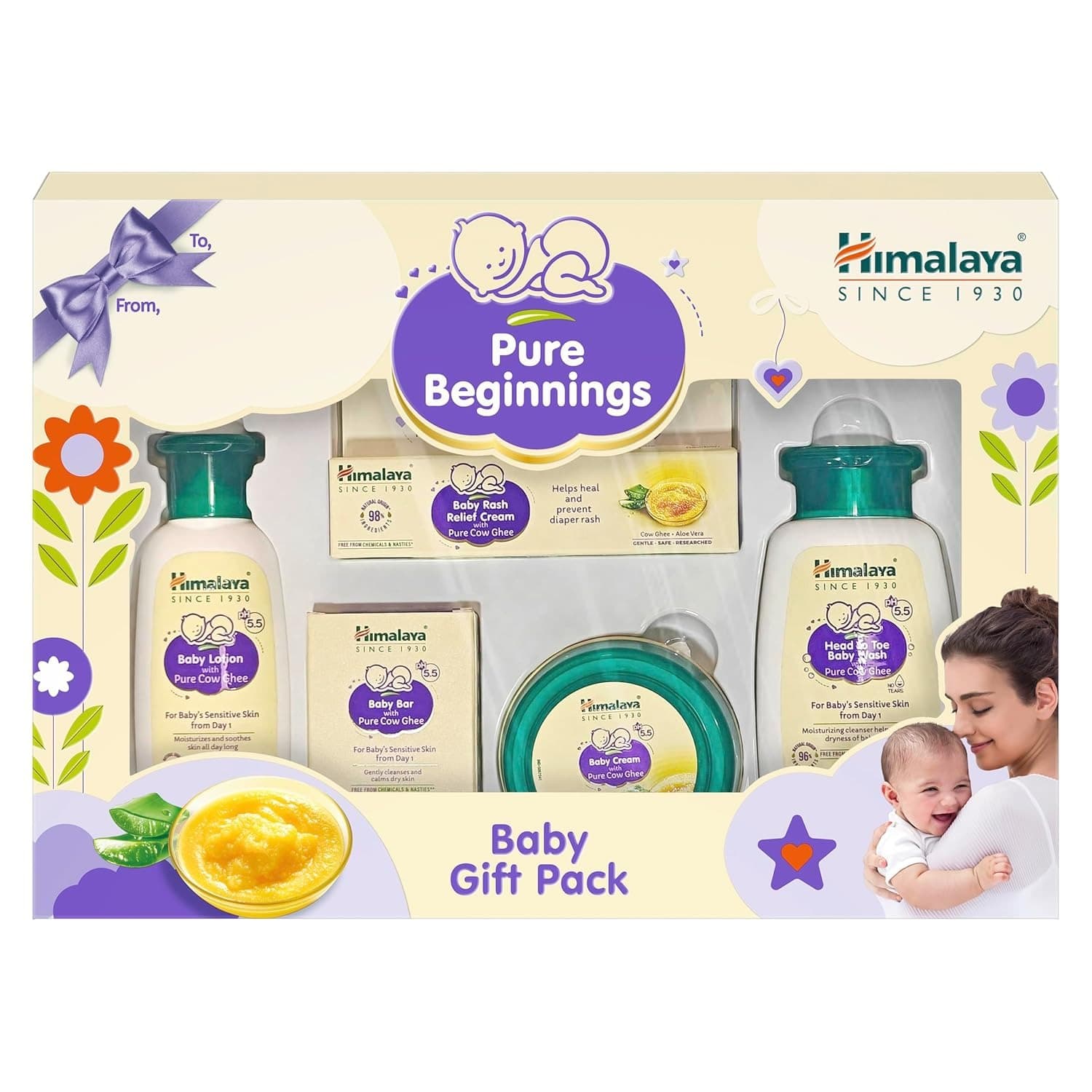 Himalaya Ghee Baby Gift Pack of 5 – Complete Baby Skincare Kit with Wash, Soap, Lotion, Cream and Rash Relief