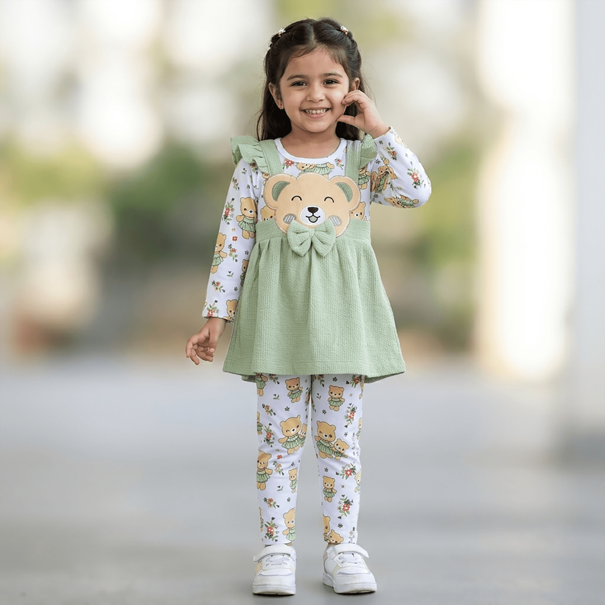 PingPong Girls Light Green Cotton Frock with Leggings | Full Sleeves | Round Neck | Back Button Closure | Full Length Leggings | Daily Wear