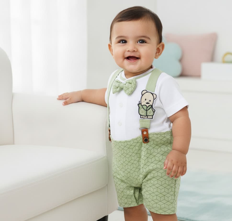 Jo And Bo Light Green Cotton Short Sleeve Round Neck Romper for Boys - Formal Summer Wear