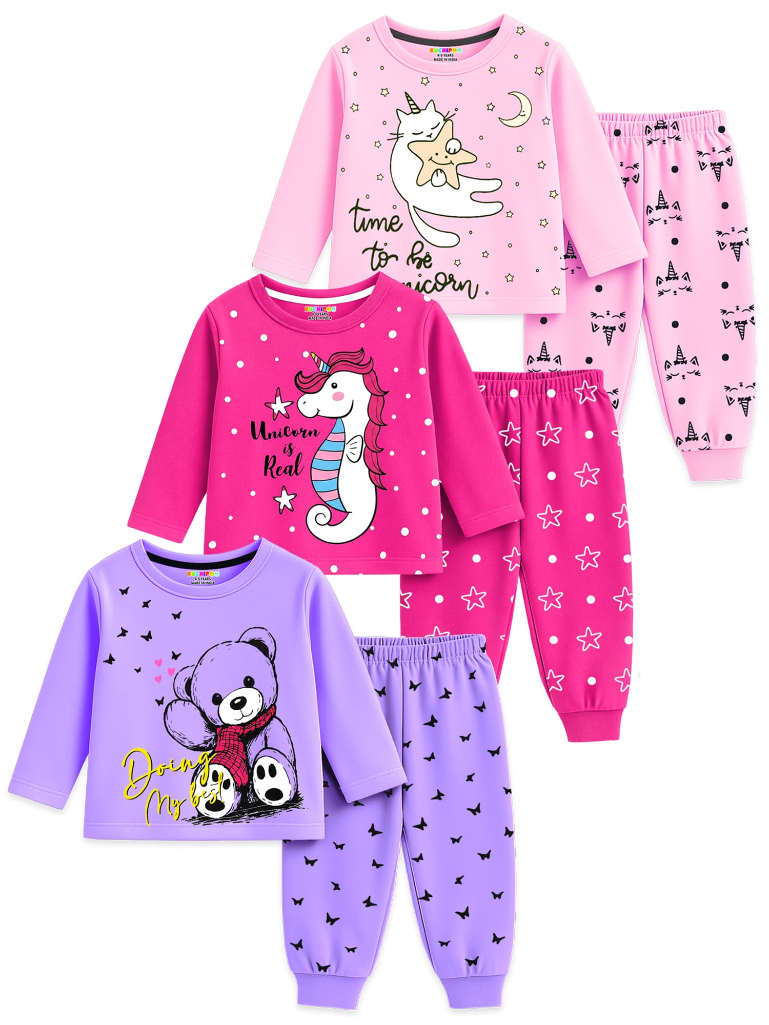 Kuchipoo Girls Casual Lavender, Dark Pink & Pink T-shirt & Joggers Set with Unicorn Print