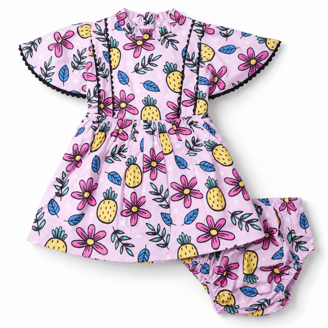 Bella Moda Girls Lavender Casual Frock with Bloomer - Short Sleeve, Mandarin Collar, Summer Wear