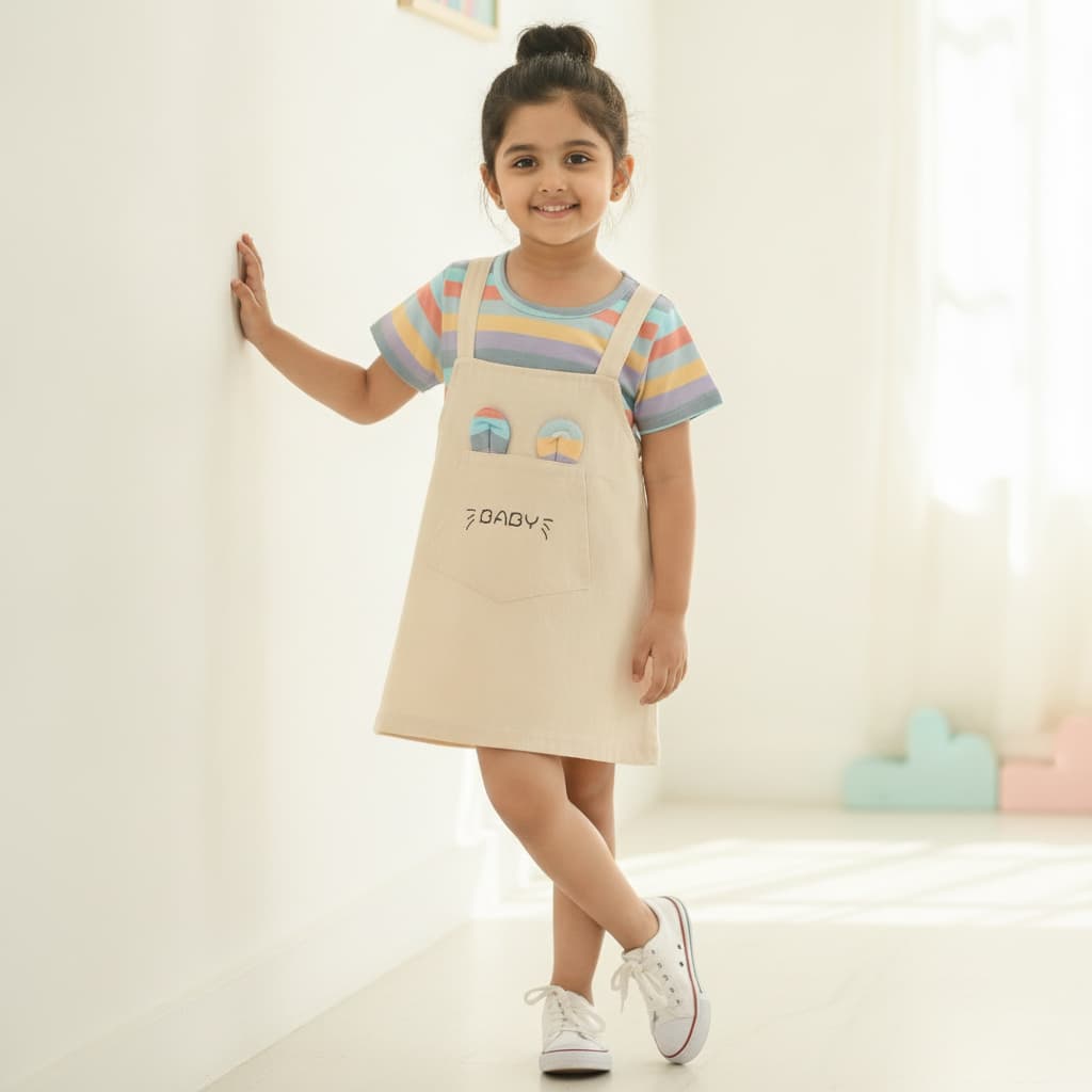 SAY MAMMA Girls' Beige Cotton One Piece Dress with Short Sleeves for Casual Summer Wear