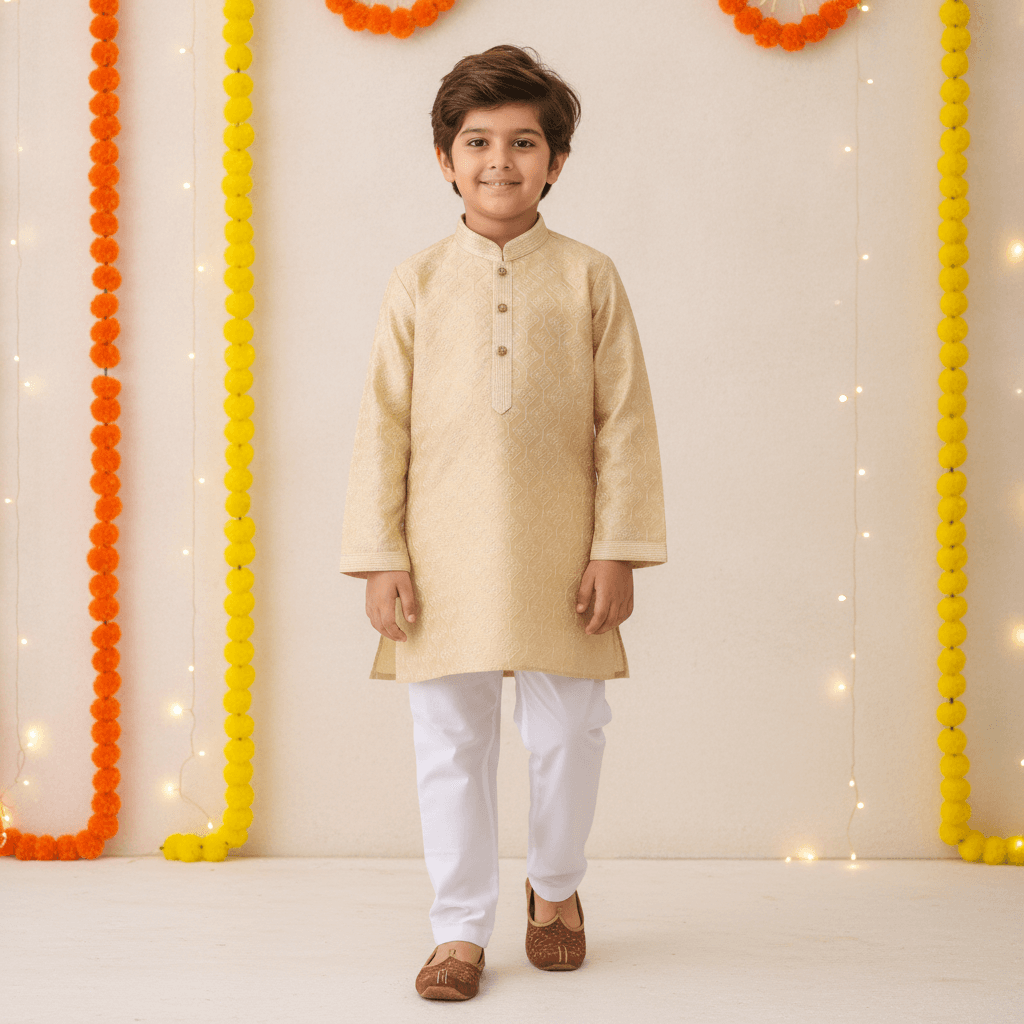 Hathom Beige Cotton Blend Kurta Pyjama Set for Boys - Formal/Partywear, All Season, Full Sleeves, Mandarin Collar