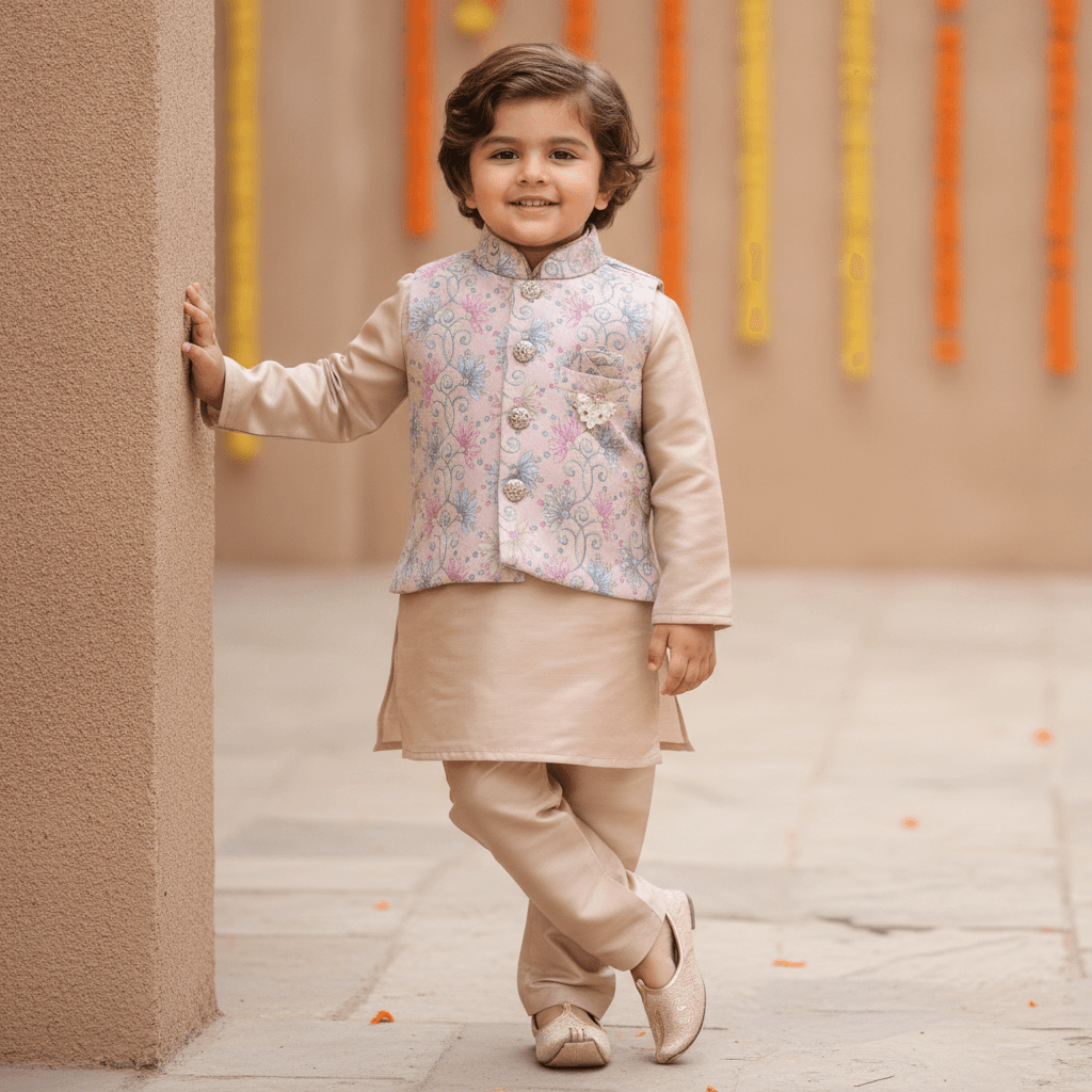 Hathom Beige Cotton Blend Kurta Pyjama & Jacket Set for Boys - Formal/Partywear All Season