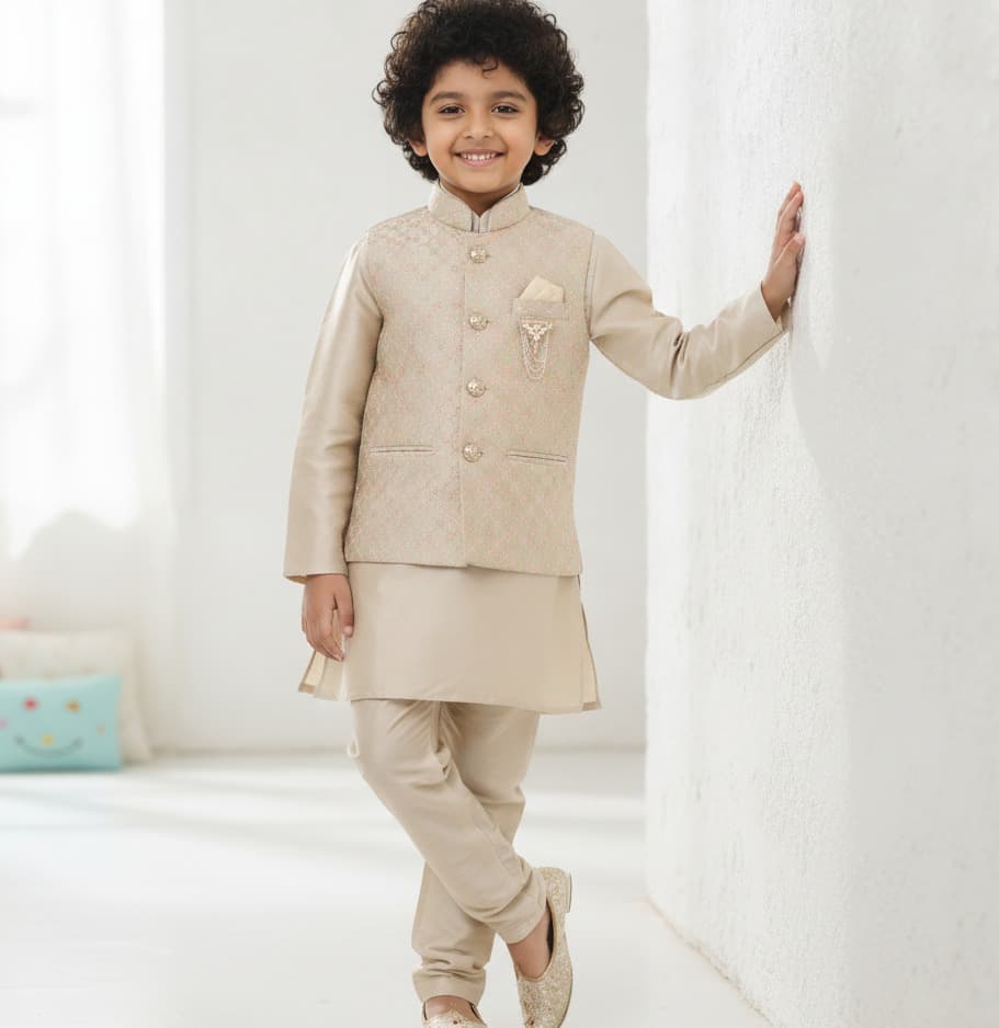 Hathom Beige Cotton Blend Kurta Pyjama & Jacket Set for Boys - Formal/Partywear All Season