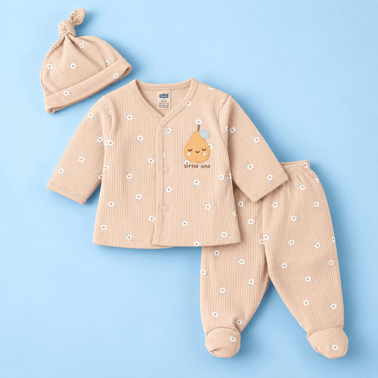 Simply Girls Beige Cotton Jhabla & Pants Set | Full Sleeves | V-Neck | “Little One” Text | Snap Button Closure | Full Length Pants | Regular Fit | All-Seaso