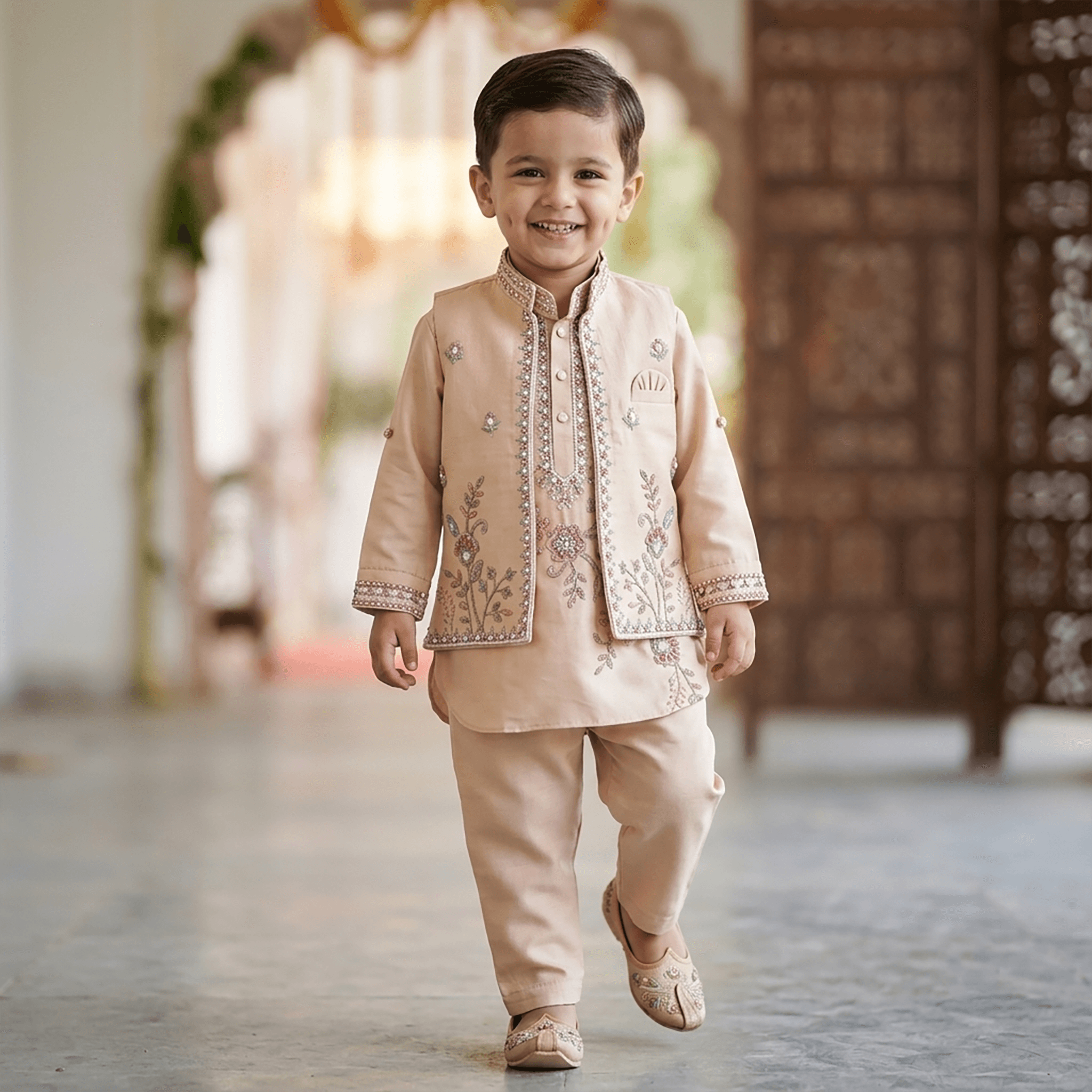 Mintu Kidswear Boys Beige Ethnic Sherwani with Full Sleeves and Trousers for All Season Formal/Partywear
