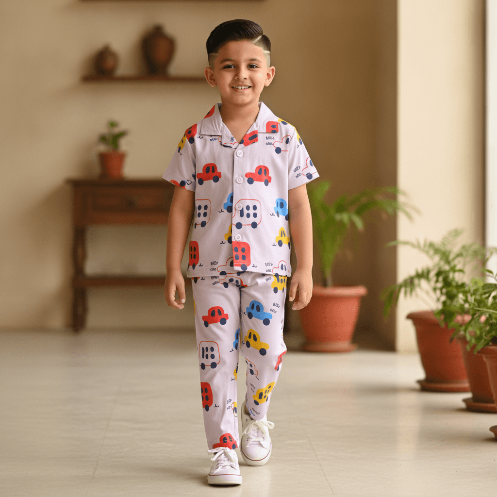 Hazelnuts Boys Lilac Cotton Pyjama Set with BEEP BEEP Print for All Season Casual Wear
