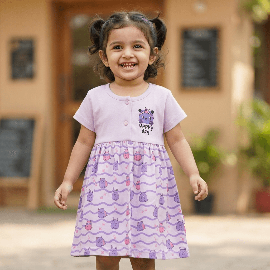 Moonkids Lilac Cotton Blend One Piece Dress for Girls with Short Sleeves and Front Button Closure - Happy Day Design, Casual Summer Wear