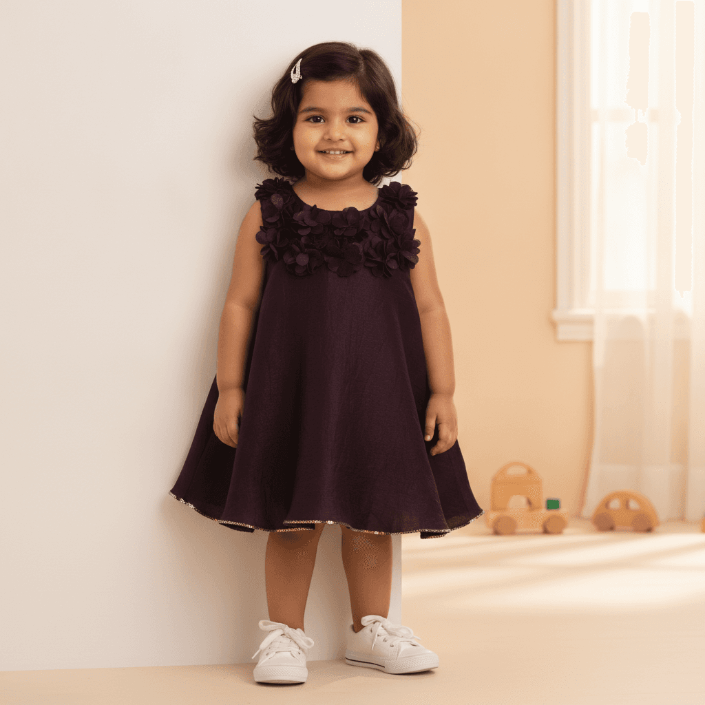 Kyub Multi-Blend Wine Sleeveless Party Dress for Girls with Round Neck and Back Zipper