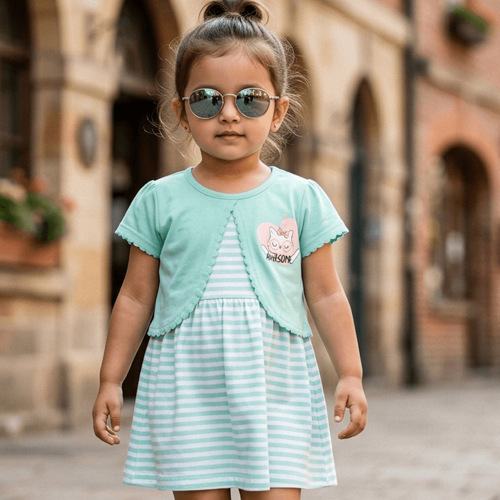 Teddy Girls Mint Green Cotton One Piece Dress | Short Sleeves Round Neck | Back Button Closure | Casual & Daily Wear