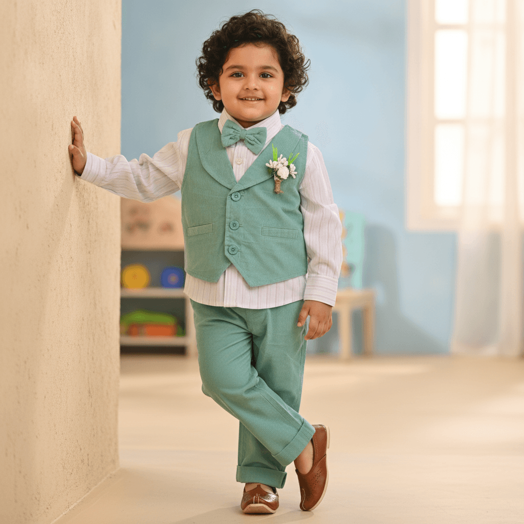 Jo And Bo Boys Sea Green Cotton Party Suit Set with Front Buttons Full Sleeve Polo Collar Shirt & Regular Fit Full Length Pant