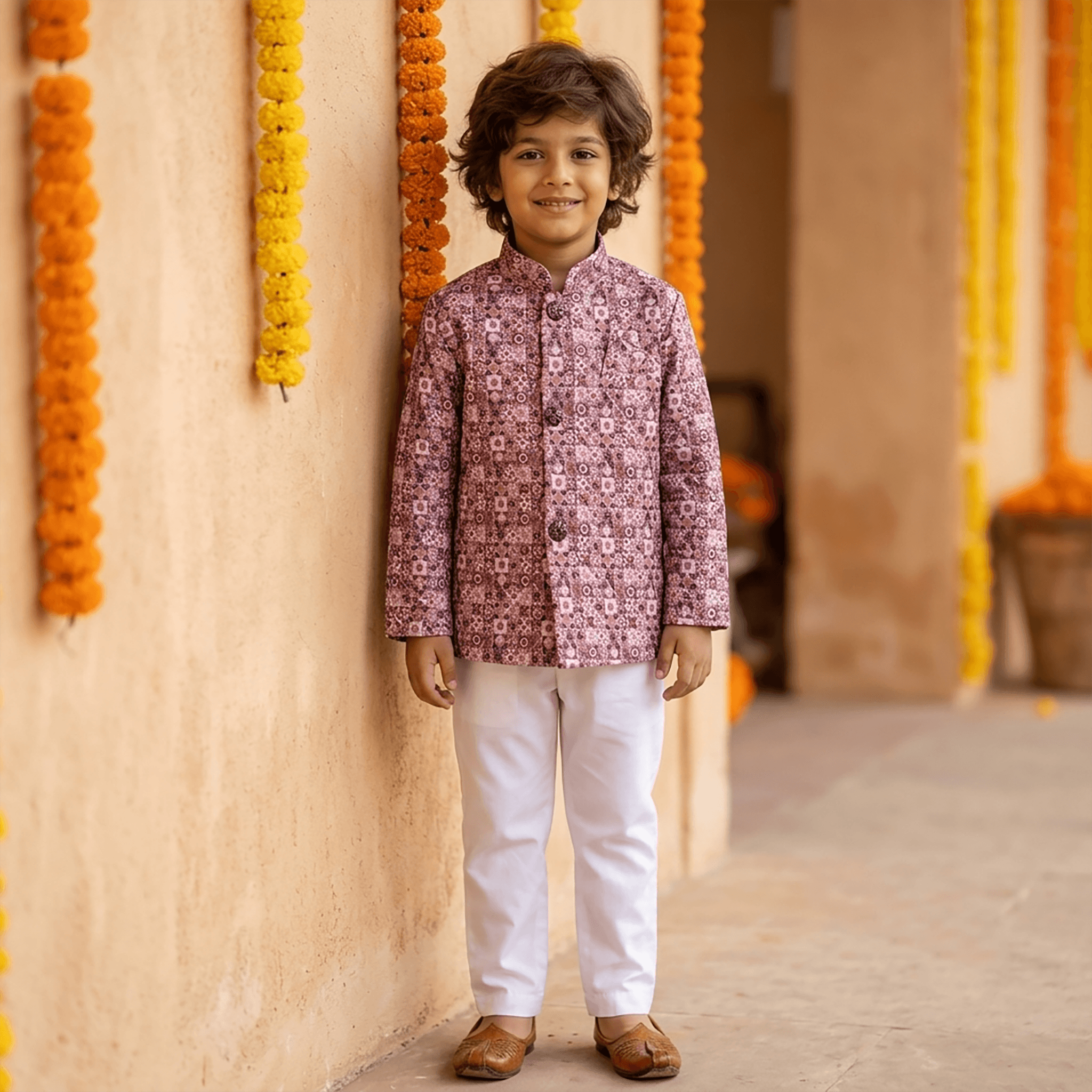 Hathom Boys Dark Mauve Cotton Blend Kurta Pyjama Set for Formal/Partywear All Season