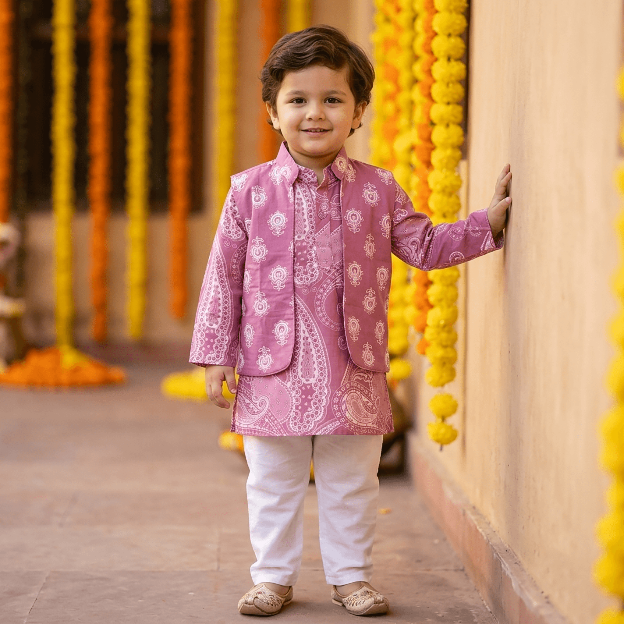Chirpytroops Mauve Cotton Kurta Pyjama & Jacket Set for Boys - Formal/Partywear, All Season, Full Sleeves, Mandarin Collar