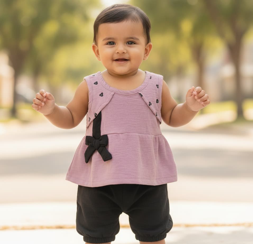 Boom Baby Girls Mauve Cotton Blend Top & A-Line Shorts Set – Sleeveless Summer Wear