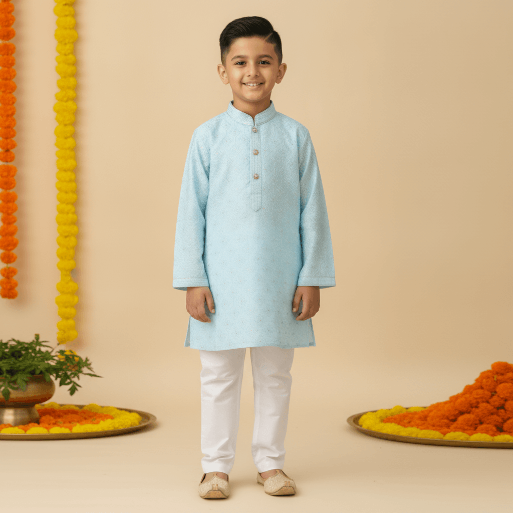 Hathom Aqua Blue Cotton Blend Kurta Pyjama Set for Boys - Formal/Partywear, Full Sleeves, Mandarin Collar
