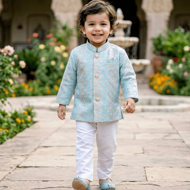 Hathom Aqua Blue Cotton Blend Kurta Pyjama Set for Boys - Formal/Partywear, Full Sleeves, Mandarin Collar