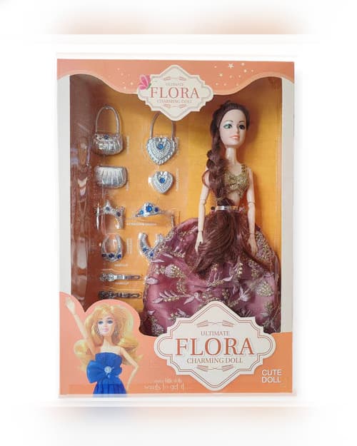 Flora Charming Fashion Doll Set with Elegant Princess Dress, Jewelry, Handbag & Accessories and Toy Gift (Maroon)