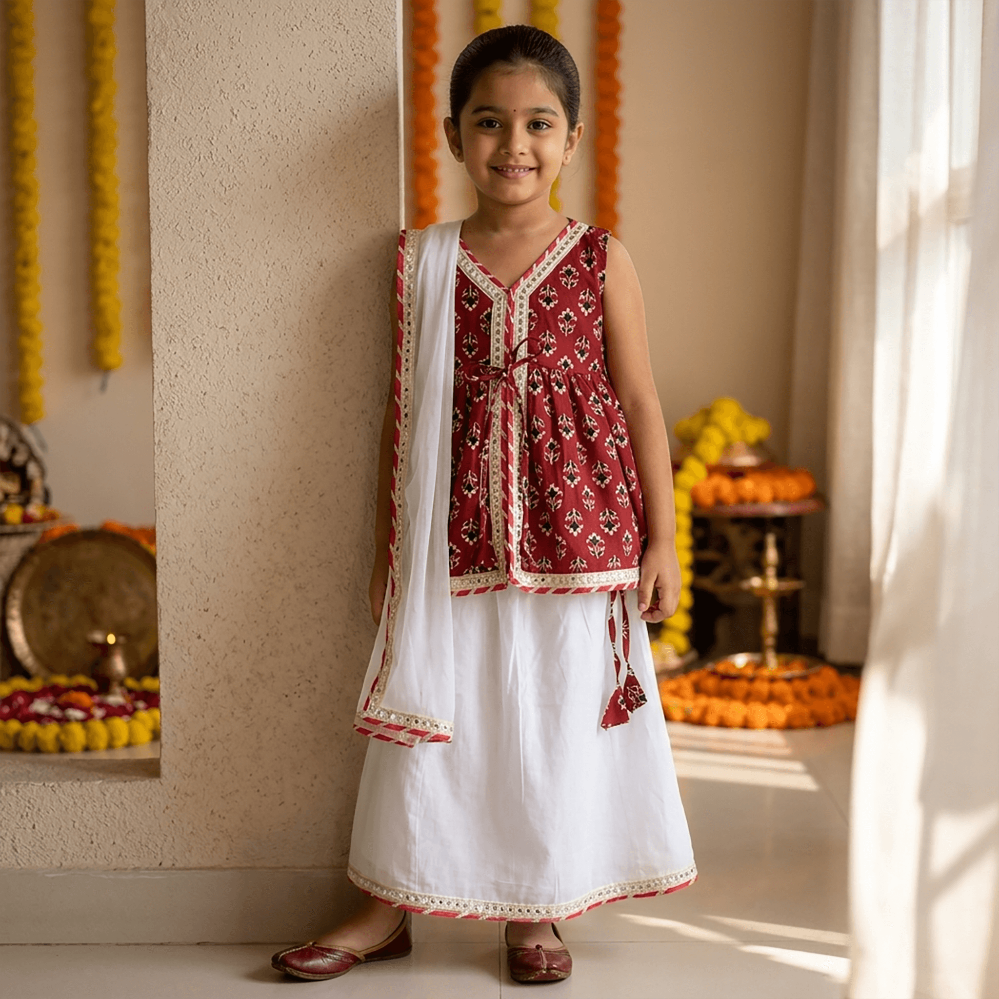Cuddly Cubs Maroon Sleeveless Ethnic Skirt & Dress for Girls with V Neck and Front Tie Up - All Season Formal/Partywear