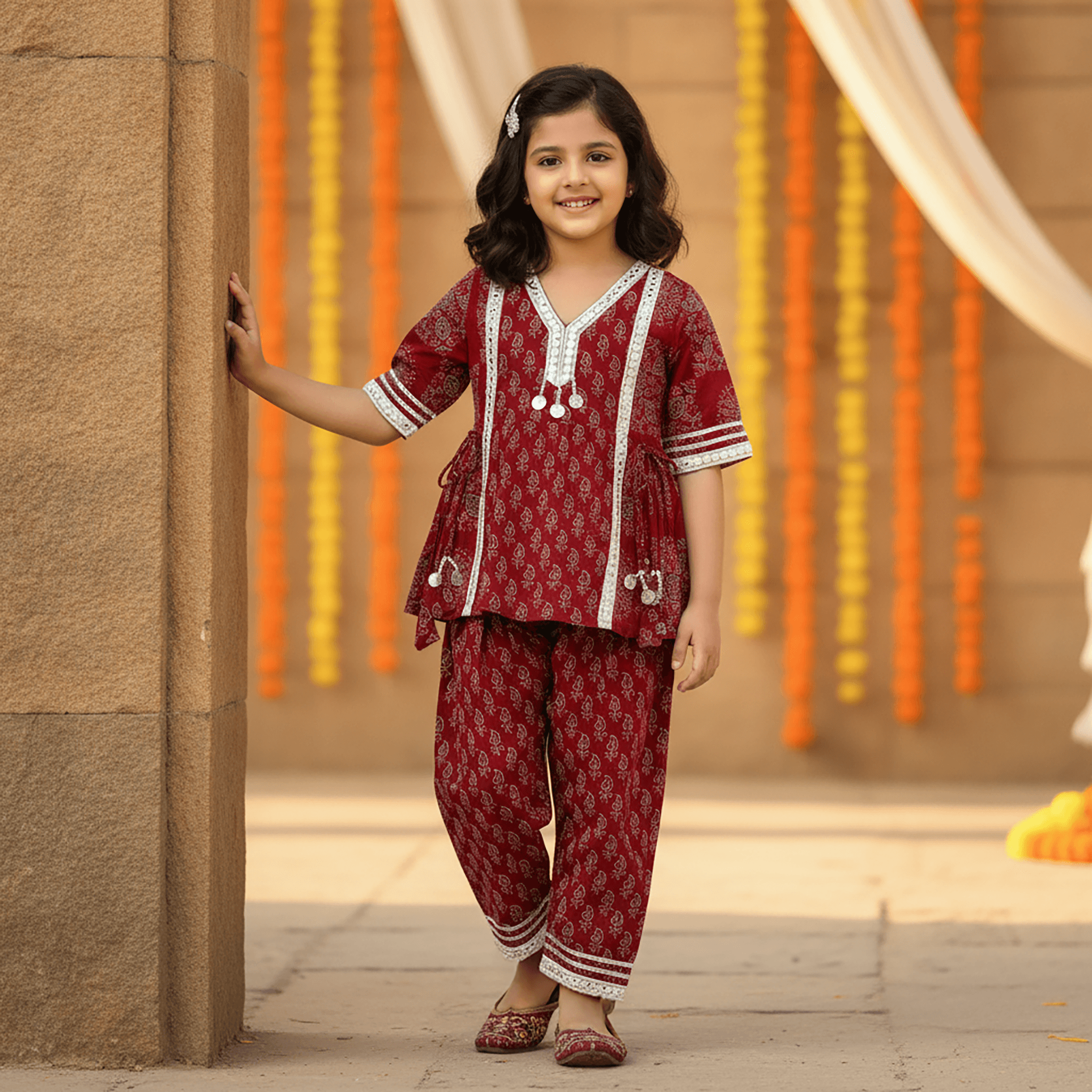 Chirpytroops Maroon Cotton Kurti & Pyjamas Set for Girls - Formal/Partywear, All Season, Half Sleeves, V Neck