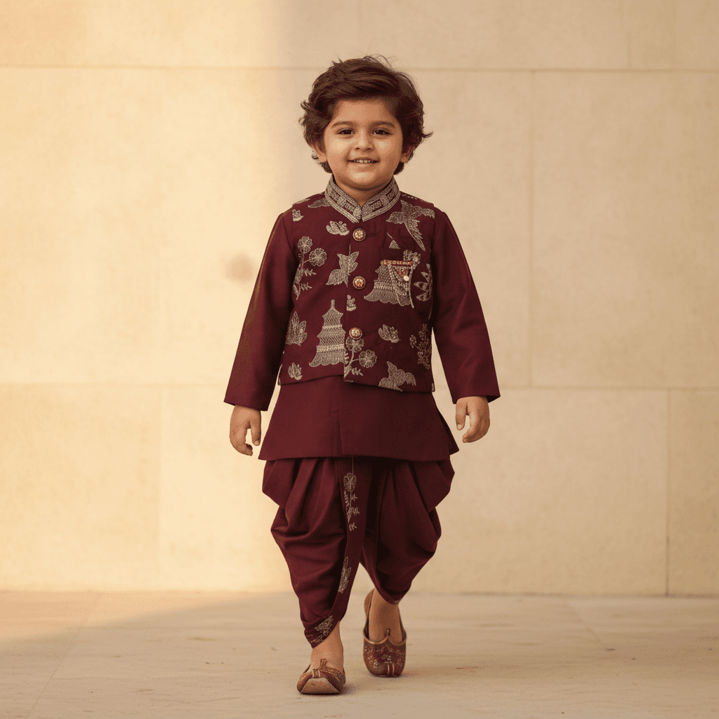 Jaideep Fashions Boys Maroon Cotton Blend Dhoti Kurta Set with Full Sleeves for Formal/Partywear All Season