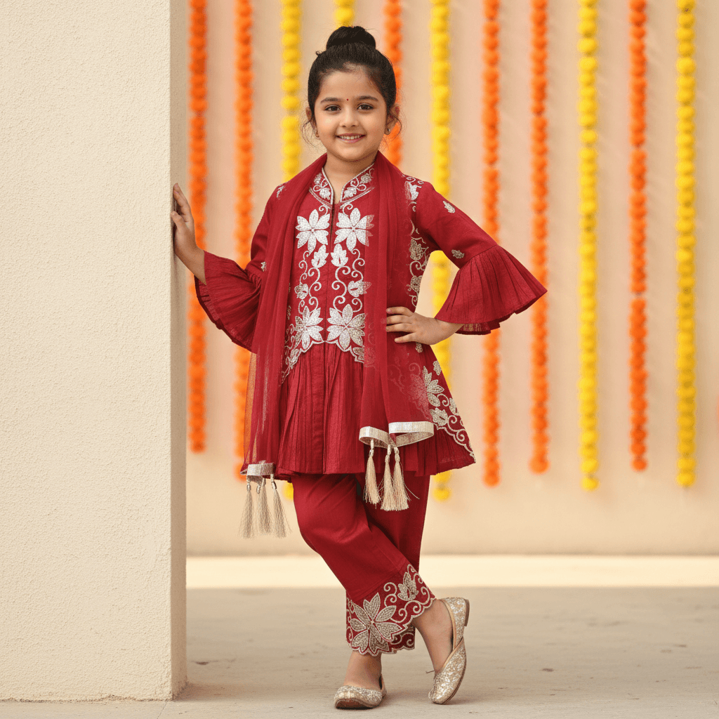 PINK-CLIFF Maroon Cotton Blend Kurti & Sharara Set for Girls - Formal/Partywear, All Season