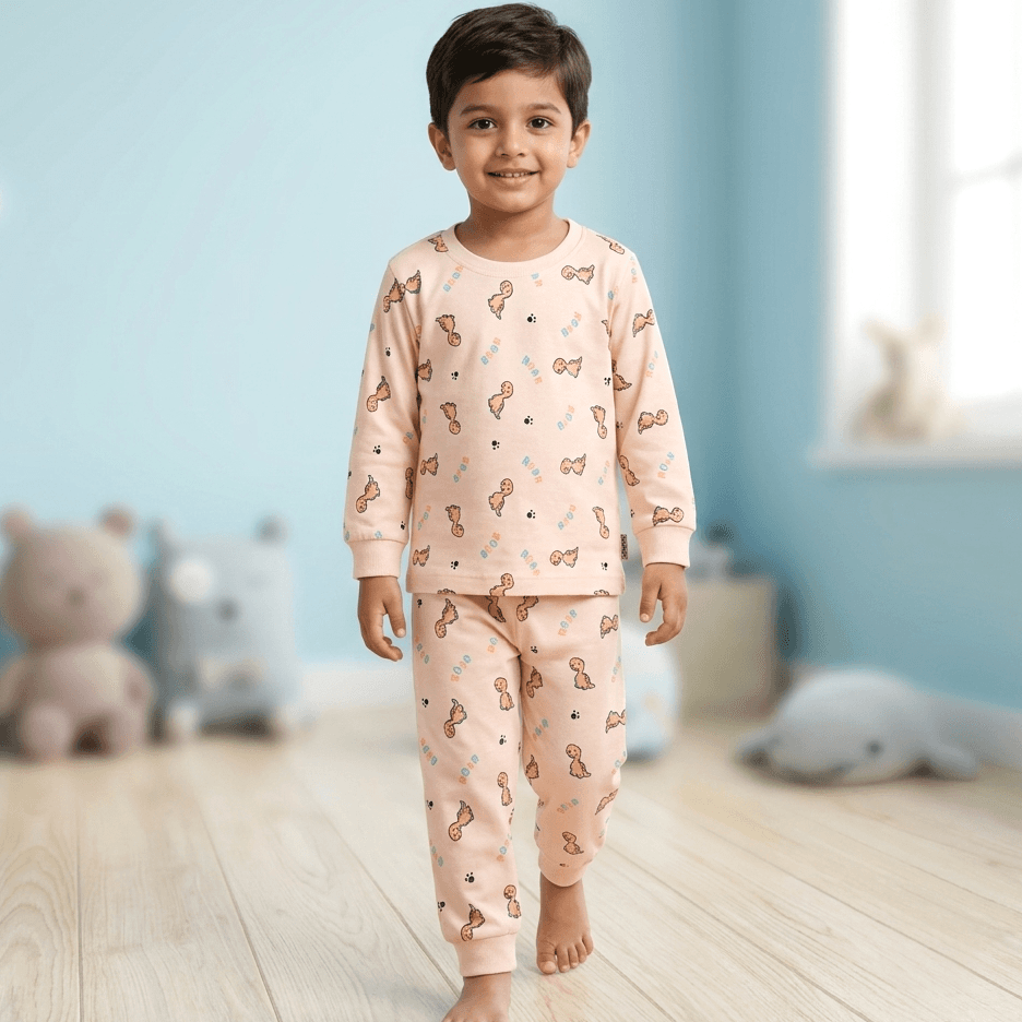 Hazelnuts Boys Casual Light Pink T-shirt & Joggers Set with ROAR Print, Full Sleeves, All Season