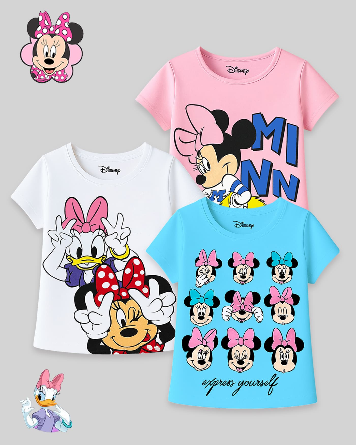 Kuchipoo Light Pink, Light/ sky Blue & White Cotton T-Shirt for Girls with MINN Text - Casual Daily Wear, Short Sleeve, Round Neck, Summer Suitable