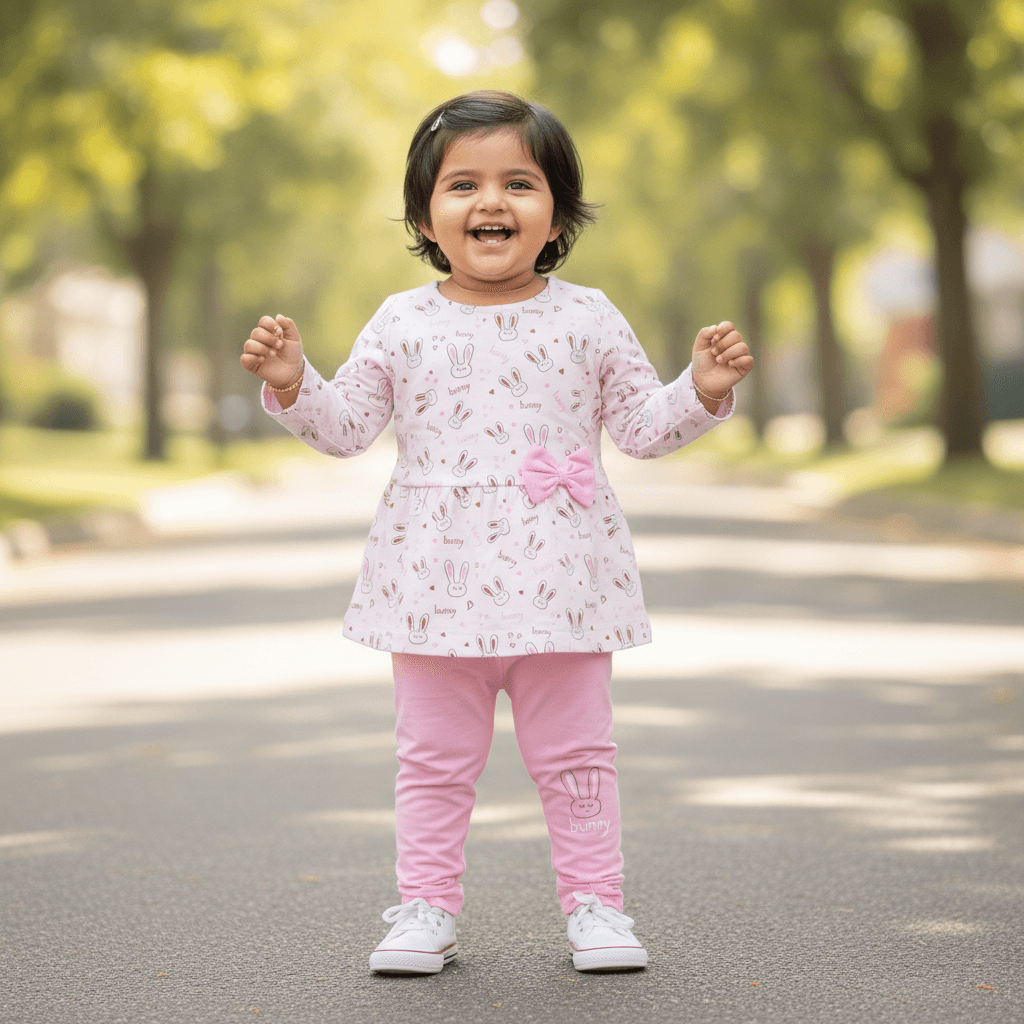 Tinyo Girls Baby Pink Cotton Frock with Leggings Set | Full Sleeves Round Neck | Back Snap Button Closure | Full Length Leggings | Regular Fit | Casual & Daily Wear